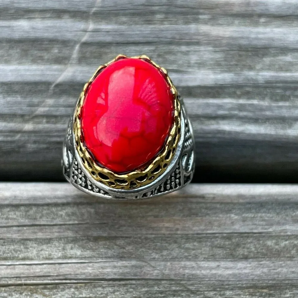 Men Rings Faux Red Stone SilverGold Rings Men Fashion Jewelry Size 8